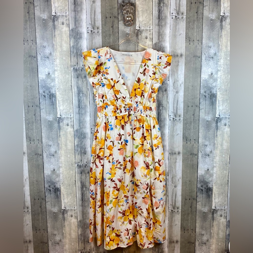 Abercrombie & Fitch Flutter Sleeve Tiered Midi Dress in Yellow Floral Size Large - Picture 2 of 15